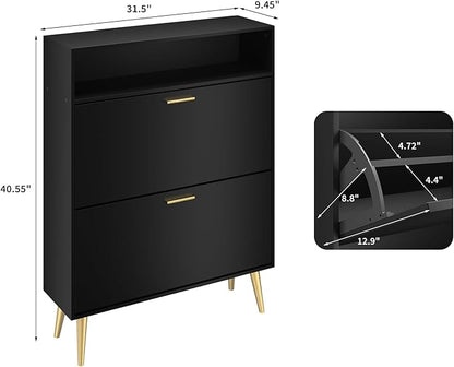 JOZZBY Shoe Cabinet Storage for Entryway, Freestanding Slim Shoe Organizer Cabinet with 2 Flip Drawers, Narrow Shoe Rack with Open Shelves for Hallway, Living Room, Black