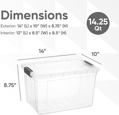 Superio Clear Storage Boxes with Lids, 14.25 Quart Plastic Container Bins for Organizing, Stackable Crates, BPA Free, Non Toxic, Odor Free, Organizers for Home, Office, School, and Dorm