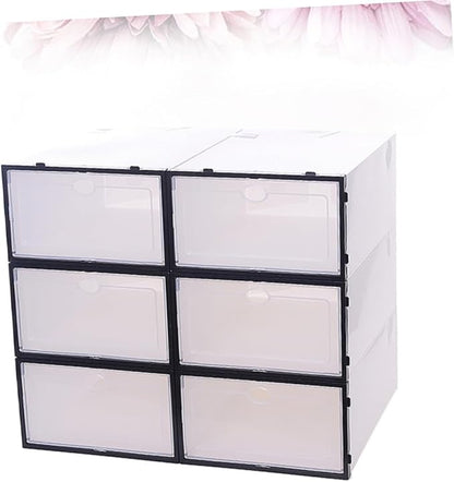 6PCS Thickened Transparent Shoe Containers Plastic Storage Boxes for Men Black Frame White Stackable Organizer for Closet and Shelf Shoes Storage