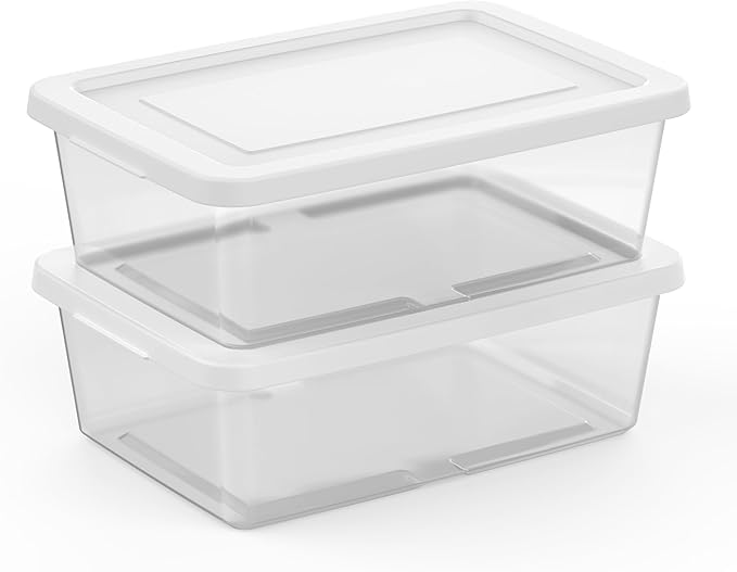 Sterilite 12-Pack Clear Storage Box, Stackable Container Bins with Lids, 12 Qt, White – Plastic Containers for Home, Closet, Bathroom, and Office Organization