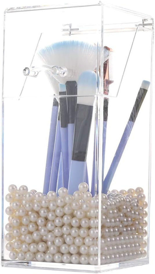Sooyee Makeup Brush Holder,Makeup Brush Organizer with 8mm White Pearls,Dustproof Makeup Brush holder with Lid