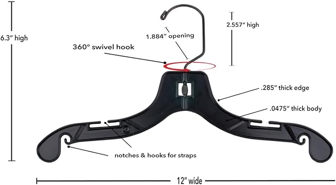 NAHANCO Children’s Plastic Shirt Hangers, Super Heavy Weight - 12" Black with Black Hook (Pack of 100), Made in USA