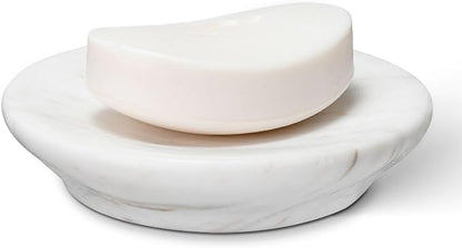 Natural Marble Soap Dish, Round White Jewelry Dish 4.5 Inch, Limestone Shower Soap Holder, Modern Stone Sponge Holder with Beveled Edge, Bar Soap Saver Tray for Bathroom, Kitchen