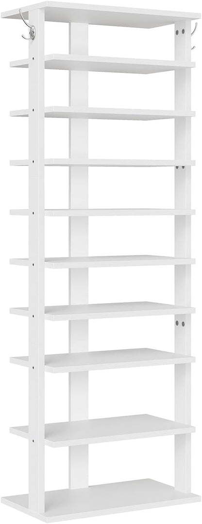 HOOBRO 10 Tiers Vertical Shoe Rack, Wooden Shoe Storage Organizer with Hooks, Narrow Shoe Tower for 20 Pairs, Space Saving, for Entryway, Living Room, Bedroom, White WT140XJ01
