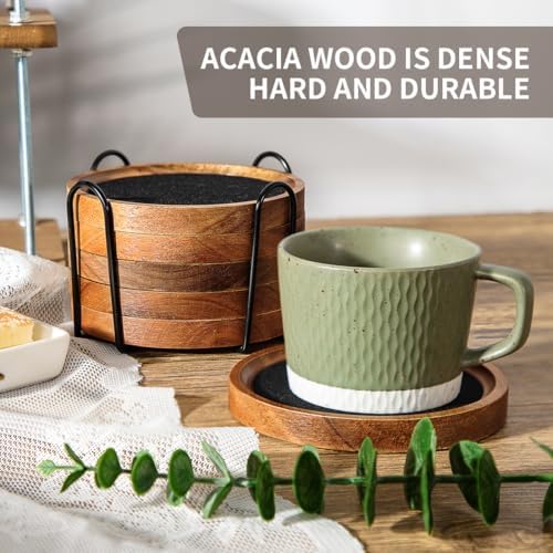 WLWNWFT Acacia Wood Coasters for Coffee Table, 6 Pcs 4.72 in Coaster for Drinks Absorbent Black Felt Coaster for Wooden Dining Table Decor New Home Gifts Mom's Day - Image 6