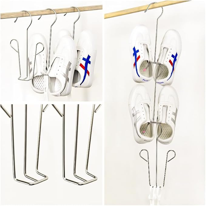 4PCS Shoes Hanger Shoes Drying Rack Stainless Steel Shoe Display Hook Space Saver Storage Organizer for Hanging Muddy Wet Shoes Flip Flops Sandals Sneakers Boots (Silver B)