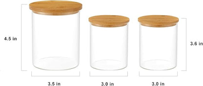 INIUNIK 3 Pack Glass Qtip Holder Dispenser, 20 oz and 11 oz Clear Glass Apothecary Jars, Bathroom Vanity Canisters Organizer Jars for Cotton Swabs, Balls, Rounds, Pads, Floss, Bath Salts