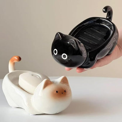Ceramic Cute Cat Soap Dish, Self-Draining Bar Soap Holder for Shower, Decorative Soap Tray for Bathroom Sink Kitchen Counter, Easy Clean Soap Saver Tray(White)