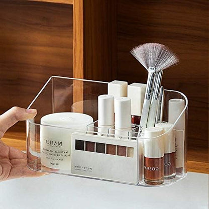 SUNFICON Makeup Tray Holder Organizer Cosmetic Display Case Tabletop Desktop Vanity Countertop Bathroom Wall Cabinet Medicine Storage Box 9 Dividers 2 Removable for Womens Ladies Girls Crystal Clear