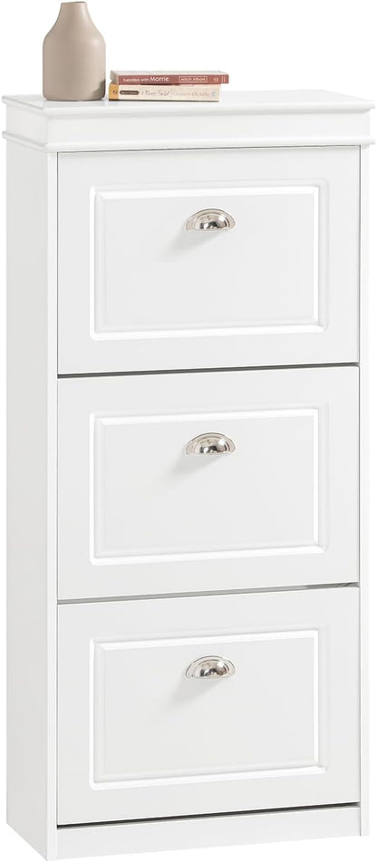 SoBuy White Shoe Cabinet with 3 Flip Drawers, Narrow Freestanding Shoe Rack Entryway, Hidden Slim Shoe Rack with Drawer FSR94-W (9.45" D x 20.87" W x 46" H)