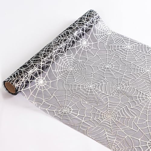 Snowkingdom Halloween Table Runner, Silver Spider Web Metallic Sequin Glitter Sheer Runners Roll 120", Black Table Decorations for Halloween, Wedding, Birthday, Themed Party, Christmas - Image 3
