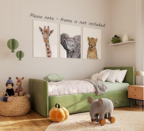 Realistic Baby Safari Animals Set of 3 Girl or Boy Unframed Nursery Prints, Bedroom Playroom Jungle Decor Wall Art Posters, Giraffe Elephant Lion Cub, Gray Yellow Brown (11x14) - Image 5