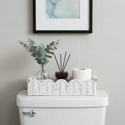 CubesLand Toilet Paper Storage Basket Organizer, Small Wicker Toilet Tank Top Decorative Baskets for Countertop, Handwoven Scalloped Basket w/handle for Home Decor, Living Room, Bedroom, White
