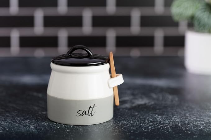 Salt Cellar with Lid and Spoon 10 oz - Handmade Ceramic Salt Keeper with 1.75 inch Lid and 3 inch Bamboo Spoon - Stylish Salt Container for Kitchen Decor