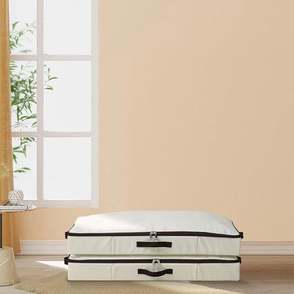 AMJ 2-Pack 4” Height Under-Bed Storage Baskets | Foldable Fabric Drawers for Clothes, Shoes, and Bedding, Beige