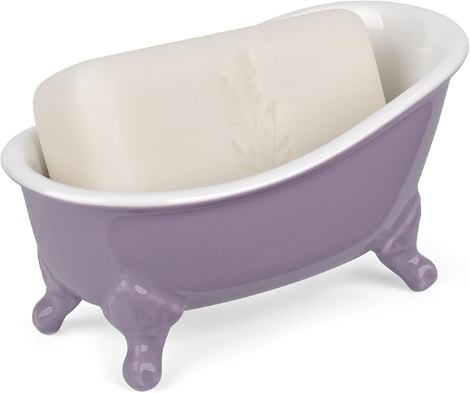 6.1" Vintage Ceramic Mini Decorative Clawfoot Bathtub Bar Soap Dish, Kitchen Sponge Holder and Shower Tray for Bathroom, 1 Pack (Lavender)