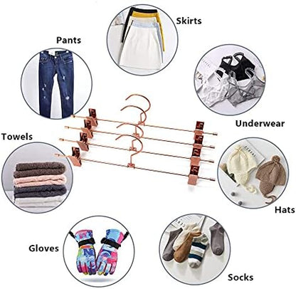 13.8" Rose Gold Pants Clothes Hangers, 10 Pack Trouser Hangers with Clips Metal Trouser Clip Hangers,Heavy Duty Metal Wire Adjustable Clips Bottom Trousers Legging Organizer