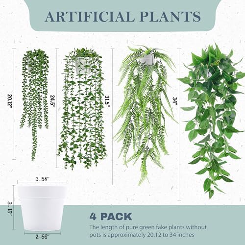 Der Rose 4Pcs Fake Hanging Plants with White Pots for Bright Shelf Decor - Image 3