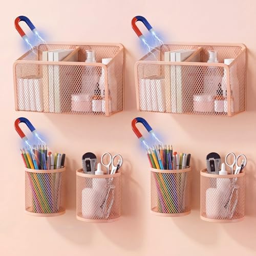 Marspark 6 Pcs Magnetic Locker Accessories Peach Magnetic Pen Holder with Strong Magnets Mesh Metal Marker Storage Basket Organizer for Locker Whiteboard Refrigerator Fridge School Office Dorm by Marspark