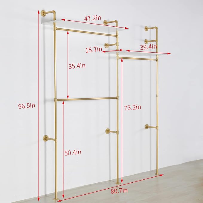Industrial Pipe Clothing Rack Wall Mounted, Heavy Duty Hanging Clothes Rack Clothing Store Display Stands Garment Rack Closet System, 2 Tier Wood Garment Rack (Gold, 96.5x80.7inch)