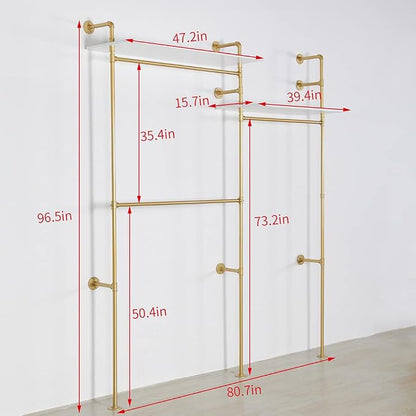 Industrial Pipe Clothing Rack Wall Mounted, Heavy Duty Hanging Clothes Rack Clothing Store Display Stands Garment Rack Closet System, 2 Tier Wood Garment Rack (Gold, 96.5x80.7inch)