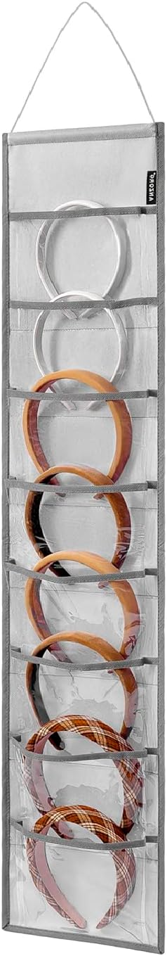 Wall Hanging Headband Organizer Ribbon Hair Hoops Storage Hairbands Hair Accessory Holder with Clear Pockets (GREY-8 POCKETS)
