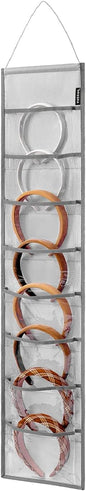 Wall Hanging Headband Organizer Ribbon Hair Hoops Storage Hairbands Hair Accessory Holder with Clear Pockets (GREY-8 POCKETS)