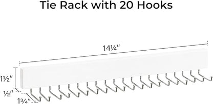 StorageWorks Tie Rack with 20 Hooks, 2-Pack Wall-Mounted Wooden Hangers for Neckties, Belts, Hats, White