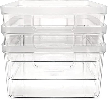 Isaac Jacobs 3-Pack Medium Clear Storage Bins (8” L x 10” W x 4.25” H) w/Cutout Handles, Plastic Organizer for Home, Office, Kitchen, Fridge/Freezer, Bathroom, BPA Free, Food Safe (3-Pack, Medium)