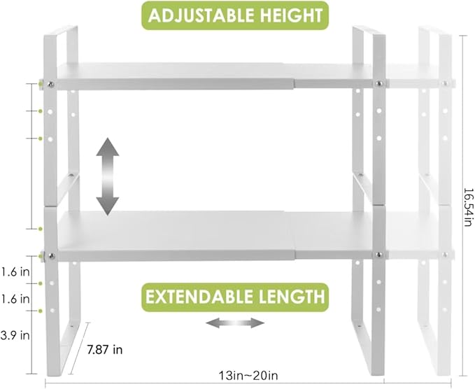 Across-Star Expandable Cabinet Shelf Organizer Rack, Stackable Kitchen Counter Storage Shelves Stand, Adjustable Height Pantry Shelf Spice Rack (White, 2 Pack)