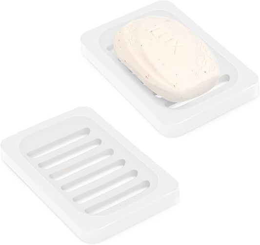 Topsky 2Pcs Soap Dish Holder, Non-Slip Bathroom Accessories Silicone Soap Case Saver, Sink Deck Bathtub Shower Dish Soap Drainer, Silicone Holder for Soap, Sponges, Scrubber (White-2pcs)