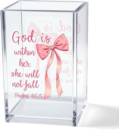 God is Within Her She Will Not Fall Psalm 46:5 Acrylic Cosmetic Pencil Pen Holder Cup, Pink Preppy Bow Desk Organizer for Home Office Decor, Christian Faith Gifts for Women Girls Coworkers Lady
