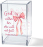 God is Within Her She Will Not Fall Psalm 46:5 Acrylic Cosmetic Pencil Pen Holder Cup, Pink Preppy Bow Desk Organizer for Home Office Decor, Christian Faith Gifts for Women Girls Coworkers Lady