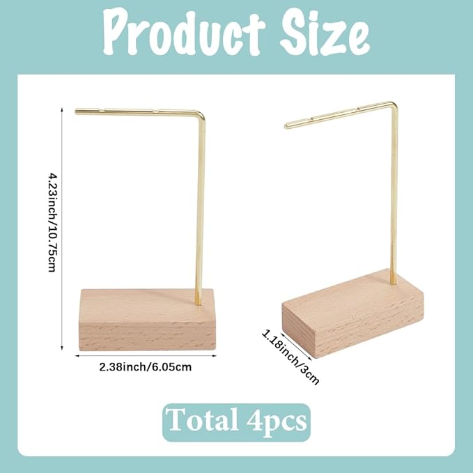 SUNNYCLUE 4pcs L Bar Earring Stand Brass Jewelry Stand Gold Brass Metal Ear Stud Earring Holders Hanger Display Organizer Shelf with Wood Base for Jewelry Bedroom Entryway Display Home Decorations