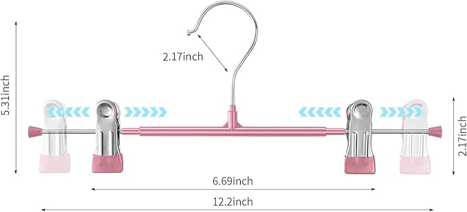 50PACK Pants Hangers with Clips Adjustable Skirt Hangers for Women Metal Non-Slip Trousers Hanger Heavy Duty Space Saving Clothes Hanger for Shorts,Jeans,12Inch,Pink