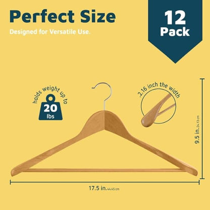Lifemaster Solid Wooden Hanger Set - 12 Pieces Non-Slip Versatile Closet Space-Saving Hanger Set for Suit, Coat, Camisole, Jacket, Pants, and Dresses with 360° Swivel Hook