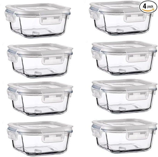 16oz Square Glass Food Storage Containers With Lids, 2 Cup Square Glass Food Containers With Lids, BPA free Small Meal Prep Bowls for leftovers, Dishwasher, Freezer Safe (8Pack)