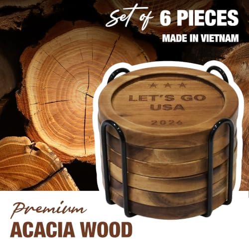 Acacia Wood Coasters Set of 6 with Metal Holder, Laser Engraved Let's Go USA 2026 Design, Absorbent Wooden Drink Coasters, 3.9" Round, Patriotic Housewarming Gift - Image 6