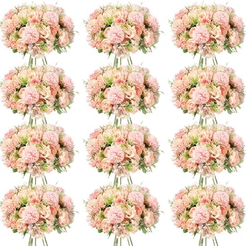 Tigeen 12 Bundles Artificial Flowers Bouquet Silk Peonies, Light Pink by Tigeen