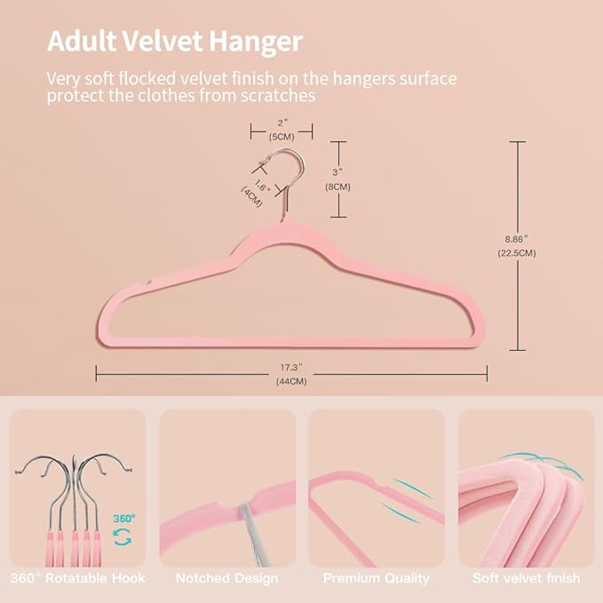 Stormix 36 Pack Velvet Hangers, 17.3 x 8.9 Inches Clothes Hangers, Non Slip Dresses Hangers with Shoulder Notches for Adult Pink