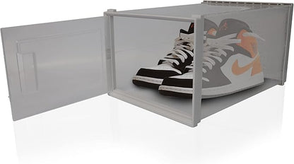 Basic Fundamentals 12 Pack Stackable Storage Bins for Sneaker Shoes - Clear Plastic, Foldable Shoe Box for Closet Organizing - Perfect Drop Front Shoe Organizer with Breathable Frame, White