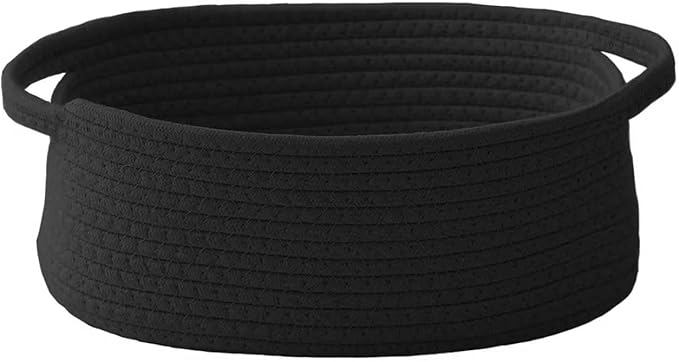 JMvicyroam Woven Basket,Small Rope Storage Bin with Handles & Ribbon Bag, Organizer for Shelves Closets,Gift Basket Empty for Birthday,Books,Dog Toys, Black