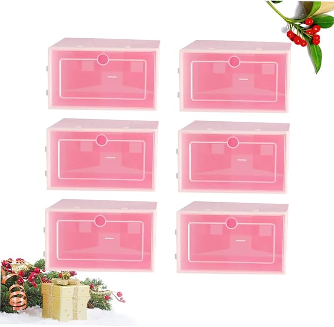 6PCS Transparent Stackable Shoe Containers Thickened Plastic Storage Boxes in Pink Small S Organizer for Sneakers and Closet Use Easy Shoe Visibility with Door
