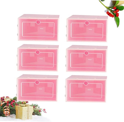 6PCS Transparent Stackable Shoe Containers Thickened Plastic Storage Boxes in Pink Small S Organizer for Sneakers and Closet Use Easy Shoe Visibility with Door