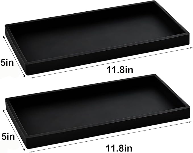 2PCS 11.8” L x 5” W Silicone Soap Dispenser Tray, Bathroom Sink Vanity Trays for Dresser Tops, Toilet, Small Black Tray for Scrubber, Lotion Bottles, Perfume, Jewelry, Candle, Key Trinket Ring-Black
