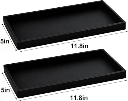 2PCS 11.8” L x 5” W Silicone Soap Dispenser Tray, Bathroom Sink Vanity Trays for Dresser Tops, Toilet, Small Black Tray for Scrubber, Lotion Bottles, Perfume, Jewelry, Candle, Key Trinket Ring-Black