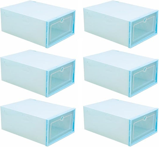 SOLUSTRE 6pcs Stackable Shoes Organizer Plastic Dust Storage Box Reinforced Design for Quick Access Multi-use for Shoes Belts Accessories and More Round Center Blue