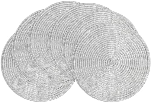 Floroom 15 Inch Round Braided Placemats Set of 6, Washable Heat Resistant Cotton Polyester Circle Place Mats for Kitchen Dining Table - Shimmer Silver by Floroom