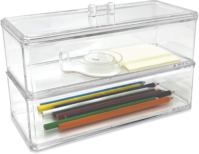 Acrylic Makeup Organizer Cosmetic Storage Display Case Makeup Brush Cotton Ball Pads Swab Q-tip Holder Lipstick Dispenser Canister Bathroom Container (9.2x3.7x5.1in, 2 Tiers, Clear)