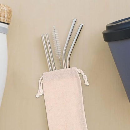 BESTonZON Straw Carrying Case Cotton Linen Pouch with Drawstring Closure Portable Organizer for Reusable Straws Forks Spoons Storage Travel Bag